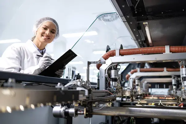 Deneyimli kadın fabrika mühendisi yeni nesil endüstriyel makinede üretim sürecini izliyor..