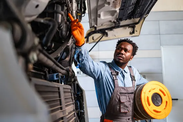 Kamyon servisi ve bakım. Deneyimli tamirci servis aracı ve motor hava filtresi değiştiriliyor.