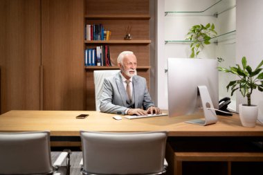 Lüks şirket ofisindeki bilgisayarda çalışan konsantre kıdemli CEO..