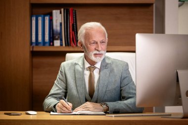 Ofiste çalışan kıdemli CEO mali sonuçları analiz ediyor ve ajandasına not alıyor..