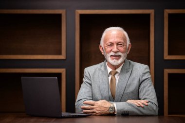 Ofisinde kollarını kavuşturarak oturan, kendine güvenen ve gülümseyen takım elbiseli kıdemli CEO 'nun portresi..