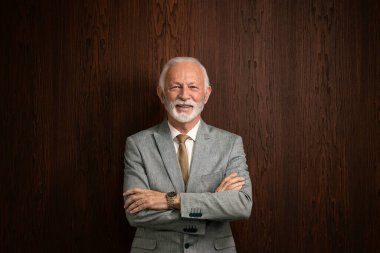 Güvenilir üst düzey yönetici ya da takım elbiseli genel müdür konferans odasında duruyor ve kollarını kavuşturuyor..