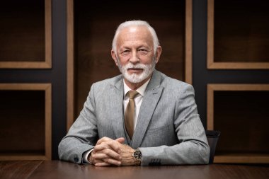 Lüks bir ofiste oturan başarılı ve zengin takım elbiseli şirket müdürünün portresi..