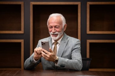 Lüks ofislerde akıllı telefon kullanan başarılı ve varlıklı şirket yöneticisinin portresi..