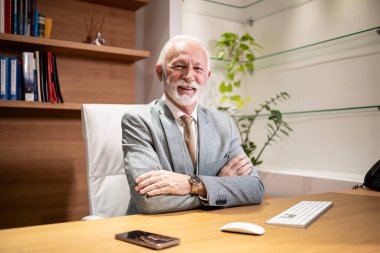 Lüks ofisinde oturan beyaz sakallı iş adamının portresi..