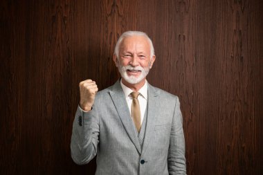 Kollarını kaldırmış kıdemli işadamı şirketteki başarısını kutluyor..