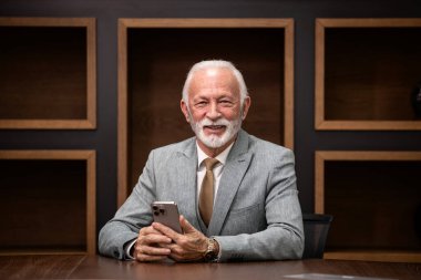 Lüks ofislerde akıllı telefon kullanan başarılı ve varlıklı şirket yöneticisinin portresi..