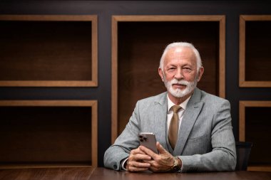 Lüks ofislerde akıllı telefon kullanan başarılı ve varlıklı şirket yöneticisinin portresi..