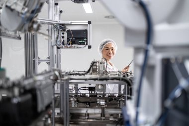 İleri teknoloji fabrikasında çalışan bir mühendis. Otomatik robot üretim hattında çalışan ve modern endüstriyel makinenin üretim sürecini kontrol eden ve izleyen Japon mühendis. Robotik kol elektronik ekipman üretimi.