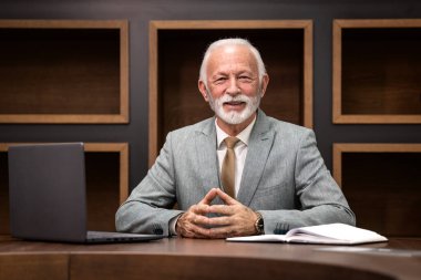 Takım elbiseli kıdemli yönetici rahat lüks bir ofiste çalışıyor..