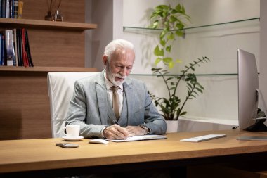 Ofiste çalışan kıdemli CEO mali sonuçları analiz ediyor ve ajandasına not alıyor..