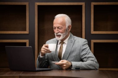 Gülümseyen yakışıklı kıdemli işadamının portresi rahat ofis koltuğunda oturuyor ve kahve içerken dizüstü bilgisayarda çalışıyor..