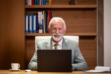 Ofisinde dizüstü bilgisayarla çalışan yakışıklı kıdemli iş adamı..