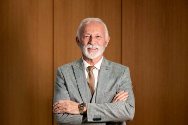 Ofisinde duran gülümseyen yakışıklı kıdemli işadamının portresi..