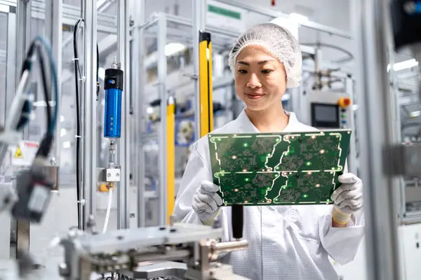 İleri teknoloji fabrikasında çalışan ve elektronik endüstrisi için basılı devre kartının kalitesini kontrol eden Japon mühendis..