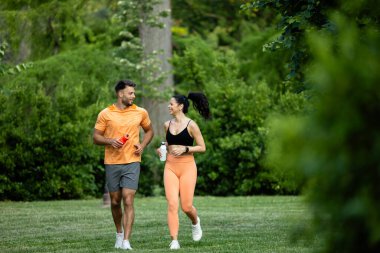 Formda ve sağlıklı beyaz insanlar birlikte antrenman yapıyor ve parkta koşuyor..