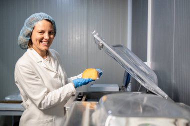 Dağıtım için peynir paketleme işlemi. Yiyecek fabrikası işçisi elektrik süpürgesinin yanında duruyor ve satılık peynir paketliyor..