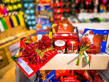 Budapest, Hungary, February 5, 2023. Sale of paprika souvenirs in a souvenir shop. Hungary is the main supplier of paprika.