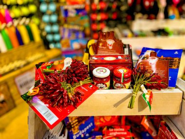 Budapest, Hungary, February 5, 2023. Sale of paprika souvenirs in a souvenir shop. Hungary is the main supplier of paprika.