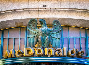 Porto, Portugal- 2022, December 1. sign of McDonalds restaurant in world, was opened in 1995. name Imperial comes from eagle on facade. This is one of most unusual McDonald's restaurants in world.