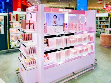 Tel Aviv, israel, February 4, 2023. Kylie Cosmetics showcase with samples at Ben Gurion Airport Duty Free. American cosmetics company founded by Kylie Jenner.