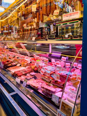 Budapest, Hungary, February 9, 2023. Sale of traditional Hungarian meat products overview of Great Market Hall or Central Market Hall, Market Hall I, is largest and oldest indoor market.
