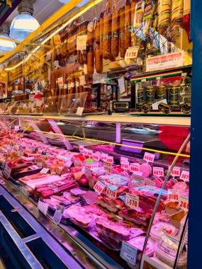 Budapest, Hungary, February 9, 2023. Sale of traditional Hungarian meat products overview of Great Market Hall or Central Market Hall, Market Hall I, is largest and oldest indoor market.
