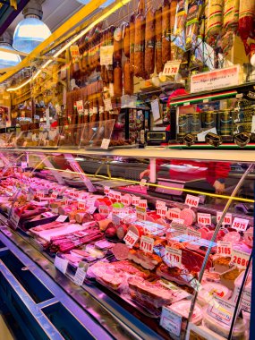Budapest, Hungary, February 9, 2023. Sale of traditional Hungarian meat products overview of Great Market Hall or Central Market Hall, Market Hall I, is largest and oldest indoor market.