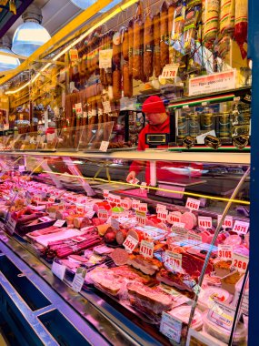 Budapest, Hungary, February 9, 2023. Sale of traditional Hungarian meat products overview of Great Market Hall or Central Market Hall, Market Hall I, is largest and oldest indoor market.