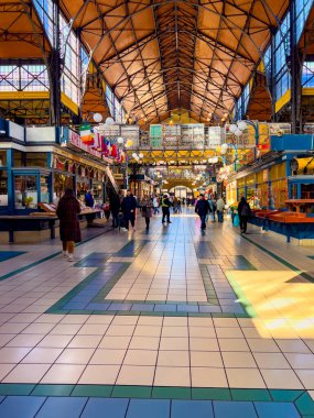 Budapest, Hungary, February 9, 2023. Overview of Great Market Hall or Central Market Hall, Market Hall I,Hungarian Nagyv s rcsarnok, is largest and oldest indoor market. open on February 15, 1897.