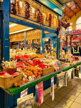 Budapest, Hungary, February 9, 2023. Overview of Great Market Hall or Central Market Hall, Market Hall I,Hungarian Nagyv s rcsarnok, is largest and oldest indoor market. open on February 15, 1897.