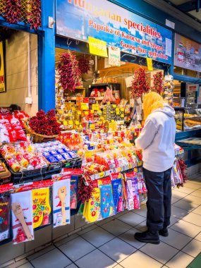 Budapest, Hungary, February 9, 2023. Overview of Great Market Hall or Central Market Hall, Market Hall I,Hungarian Nagyv s rcsarnok, is largest and oldest indoor market. open on February 15, 1897.