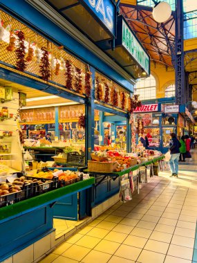 Budapest, Hungary, February 9, 2023. Overview of Great Market Hall or Central Market Hall, Market Hall I,Hungarian Nagyv s rcsarnok, is largest and oldest indoor market. open on February 15, 1897.
