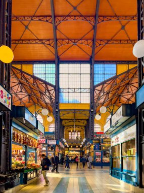 Budapest, Hungary, February 9, 2023. Overview of Great Market Hall or Central Market Hall, Market Hall I,Hungarian Nagyv s rcsarnok, is largest and oldest indoor market. open on February 15, 1897.