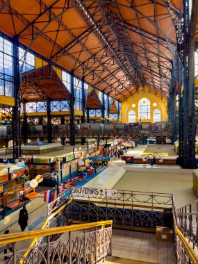 Budapest, Hungary, February 9, 2023. Overview of Great Market Hall or Central Market Hall, Market Hall I,Hungarian Nagyv s rcsarnok, is largest and oldest indoor market. open on February 15, 1897.