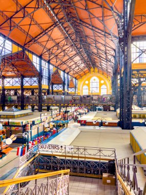 Budapest, Hungary, February 9, 2023. Overview of Great Market Hall or Central Market Hall, Market Hall I,Hungarian Nagyv s rcsarnok, is largest and oldest indoor market. open on February 15, 1897.