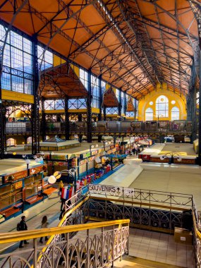 Budapest, Hungary, February 9, 2023. Overview of Great Market Hall or Central Market Hall, Market Hall I,Hungarian Nagyv s rcsarnok, is largest and oldest indoor market. open on February 15, 1897.