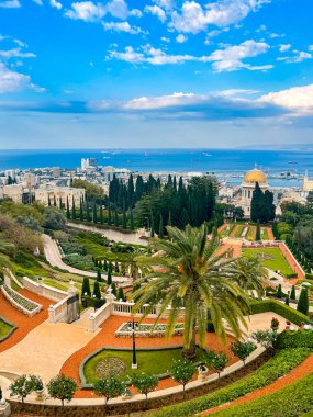 Haifa, Israel - January 3,2023:On territory of Bahai Gardens in city of Haifa, Israel.are designated UNESCO World Heritage sites as holy places and pilgrimage destinations for followers of Bahai Faith