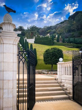 Haifa, Israel - January 3,2023:On territory of Bahai Gardens in city of Haifa, Israel.are designated UNESCO World Heritage sites as holy places and pilgrimage destinations for followers of Bahai Faith