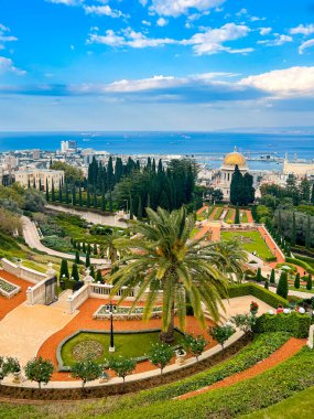 Haifa, Israel - January 3,2023:On territory of Bahai Gardens in city of Haifa, Israel.are designated UNESCO World Heritage sites as holy places and pilgrimage destinations for followers of Bahai Faith