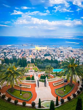Haifa, Israel - January 3,2023:On territory of Bahai Gardens in city of Haifa, Israel.are designated UNESCO World Heritage sites as holy places and pilgrimage destinations for followers of Bahai Faith
