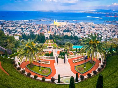 Haifa, Israel - January 3,2023:On territory of Bahai Gardens in city of Haifa, Israel.are designated UNESCO World Heritage sites as holy places and pilgrimage destinations for followers of Bahai Faith