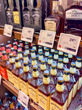 Budapesht, Hungary - February 10, 2023. Showcase of elite alcohol Jack Daniels sales in the duty free of Ben Gurion Airport, Israel