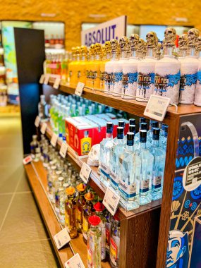 Budapesht, Hungary - February 10, 2023. Showcase of elite alcohol sales in the duty free of Ben Gurion Airport, Israel