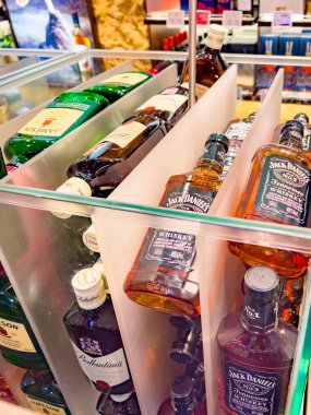 Budapesht, Hungary - February 10, 2023. Showcase of elite alcohol sales in the duty free of Ben Gurion Airport, Israel