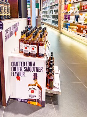 Budapesht, Hungary - February 10, 2023. Showcase of elite alcohol Jim Beam sales in the duty free of Ben Gurion Airport, Israel