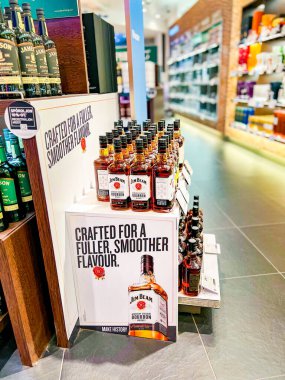 Budapesht, Hungary - February 10, 2023. Showcase of elite alcohol Jim Beam sales in the duty free of Ben Gurion Airport, Israel