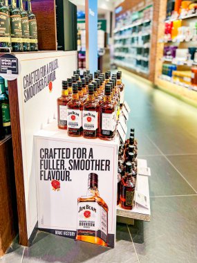 Budapesht, Hungary - February 10, 2023. Showcase of elite alcohol Jim Beam sales in the duty free of Ben Gurion Airport, Israel