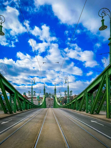 Steel Liberty Bridge Budapest Tram Tracks Glimpse Gellert Building Background — Stock Photo, Image