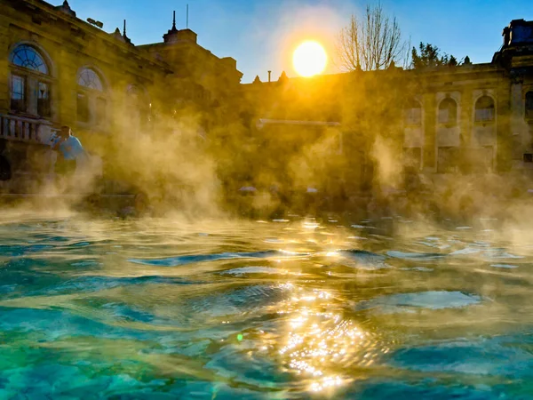 stock image Budapesht, Hungary - February 08, 2023: Secheni baths in Budapest. largest in Europe. It has been operating since 1913 in eastern part of city near Varosliget park - territory of historical Pest